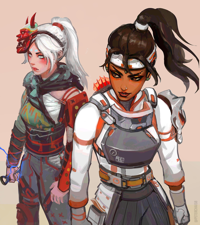 2girls absurdres apex_legends beige_background blush brown_hair crafty_kitsune_rampart dark_skin dark_skinned_female demon's_whisper_wraith electricity english_commentary floating_hair headband highres holding holding_knife knife kunai looking_to_the_side mask mask_on_head multiple_girls nose_piercing nose_ring official_alternate_costume official_alternate_hairstyle oni_mask parted_lips peter_chai piercing ponytail rampart_(apex_legends) silver_eyes smile tooth_gap weapon white_hair white_headband wraith_(apex_legends)