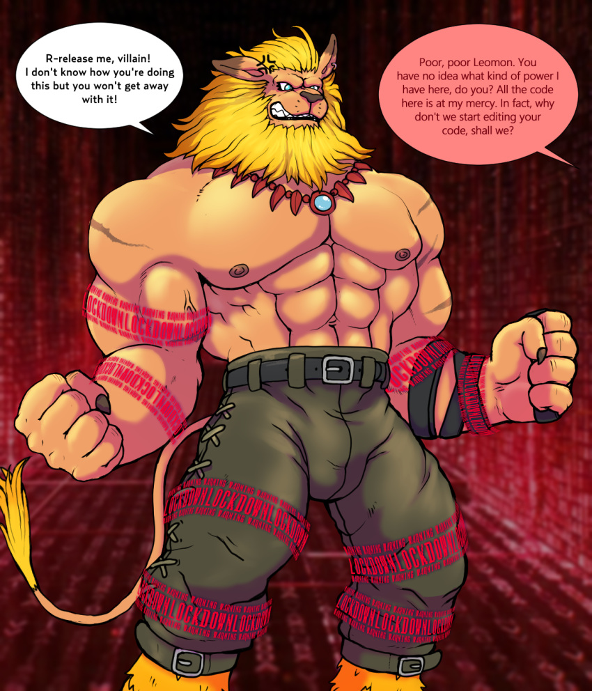 abs angry anthro belt blue_eyes bottomwear bulge clothed clothing digimon digimon_(species) ear_piercing ear_ring english_text felid hi_res hyenaface jewelry leomon lion male mammal muscular muscular_anthro muscular_male necklace nipples pantherine pants partially_clothed pecs piercing restrained shirtless solo text