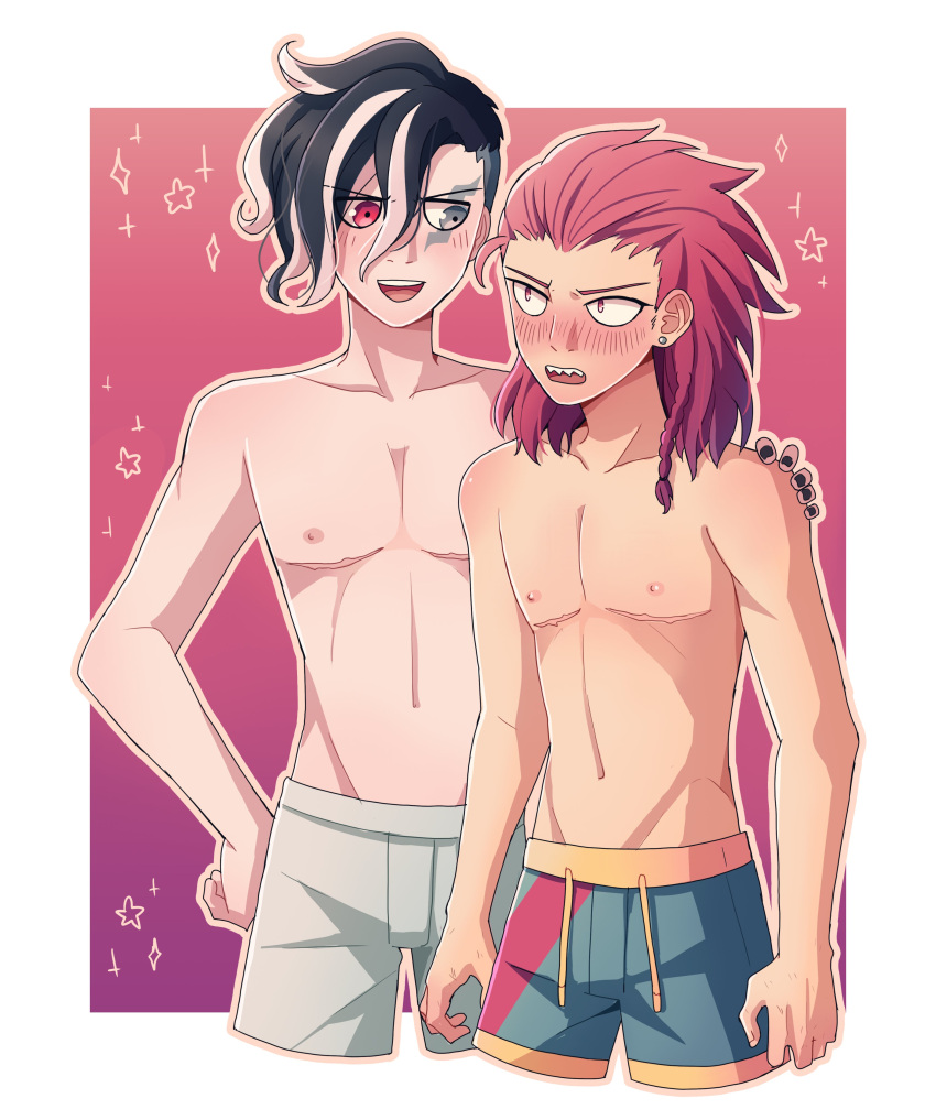 2boys :d absurdres bangs black_hair black_nails blush cheer_(cheerkitty14) cropped_legs danganronpa_(series) danganronpa_2:_goodbye_despair earrings english_commentary grey_hair hair_between_eyes hand_on_another's_shoulder heterochromia highres jewelry male_focus multiple_boys nipples open_mouth pink_background red_eyes red_hair sharp_teeth shirtless short_hair shorts smile souda_kazuichi star_(symbol) swimwear tanaka_gandamu teeth white_background yaoi