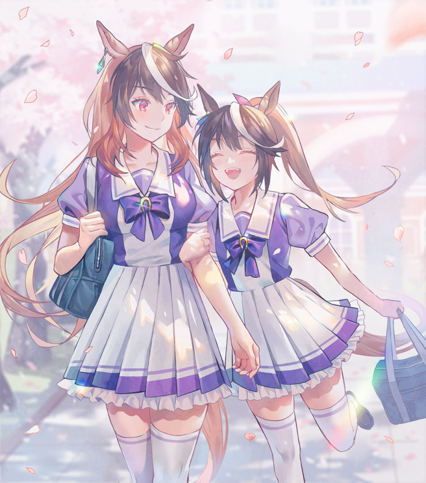2girls :d animal_ears bag bangs breasts brown_hair closed_eyes commentary_request eyebrows_visible_through_hair frilled_skirt frills handbag highres holding_another's_arm holding_strap horse_ears horse_girl horse_tail lino_chang long_hair looking_at_another medium_breasts multicolored_hair multiple_girls open_mouth pleated_skirt ponytail purple_shirt red_eyes school_uniform shirt short_sleeves shoulder_bag skirt smile streaked_hair symboli_rudolf_(umamusume) tail thighhighs tokai_teio_(umamusume) tracen_school_uniform umamusume very_long_hair white_hair white_legwear white_skirt