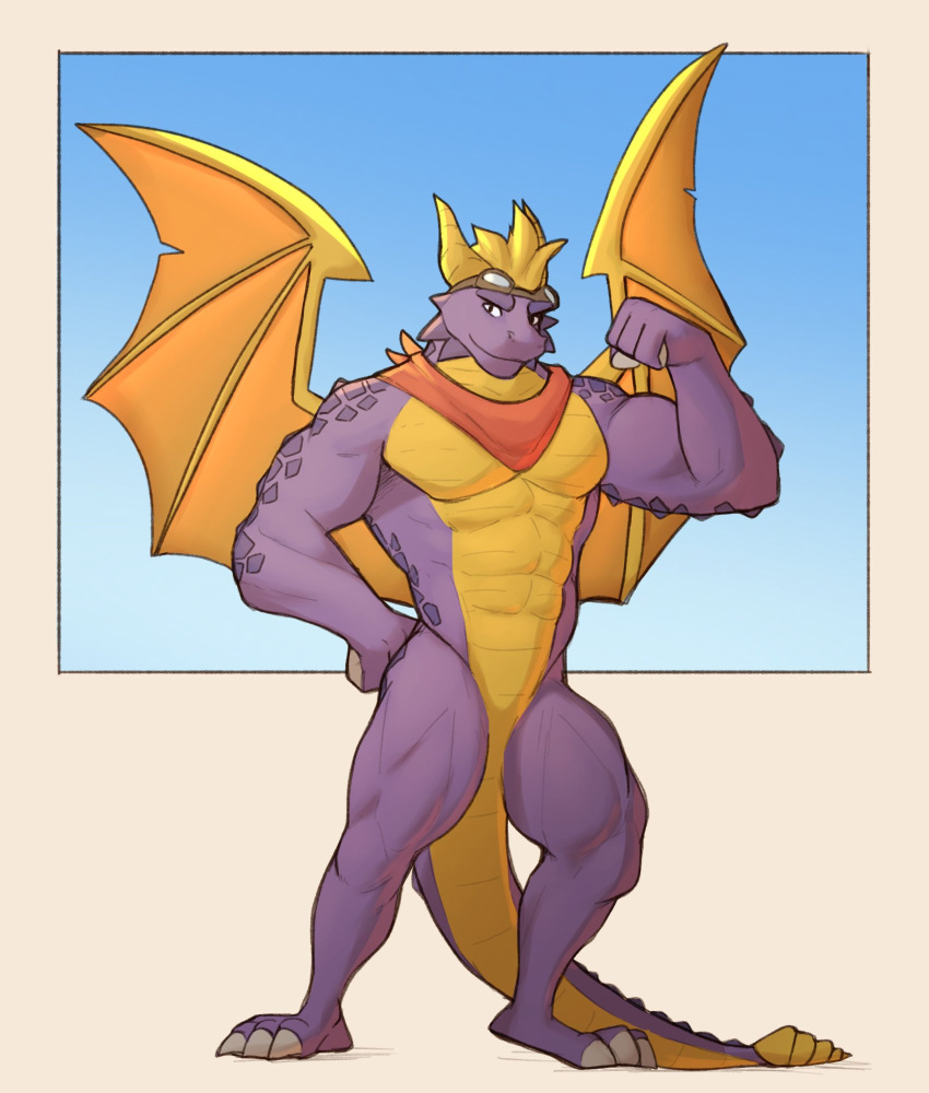2021 abs activision aged_up anthro biceps blue_background dragon eyewear flexing goggles goggles_on_head hair hand_on_hip hi_res horn jrjresq looking_at_viewer male muscular muscular_anthro muscular_male neckerchief nude pecs scalie simple_background solo spyro spyro_the_dragon standing video_games white_background wings