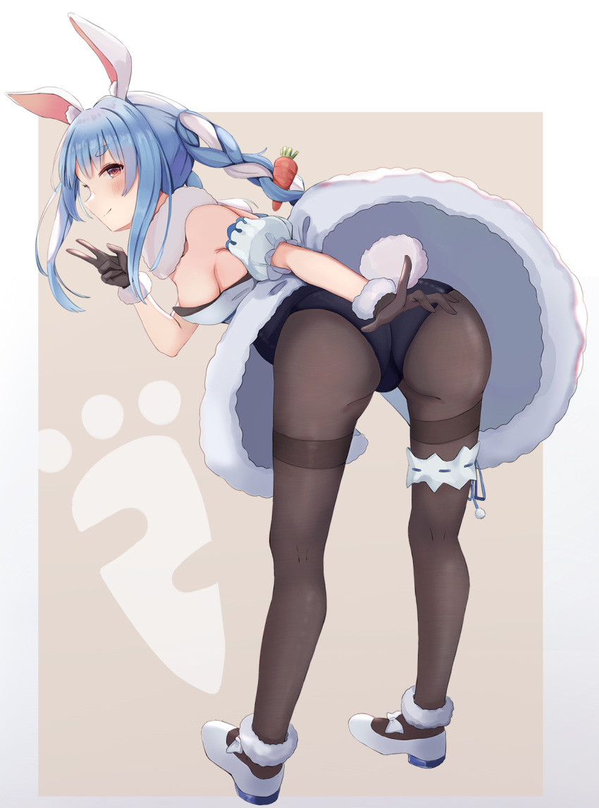 1girl animal_ear_fluff animal_ears arm_cuffs ass bangs bare_shoulders bent_over black_gloves black_legwear blue_hairband braid breasts brown_background bunny_ears bunny_tail carrot carrot_hair_ornament carrot_print don-chan_(usada_pekora) food_print food_themed_hair_ornament fur-trimmed_gloves fur_trim gloves hair_ornament hairband highres hikimayu hololive hololive_fantasy index_finger_raised looking_at_viewer looking_back multicolored_hair outside_border pantyhose rabbit_girl red_eyes sakaki_(sakayu123) shoes short_eyebrows sideboob sidelocks solo strapless_coat tail thick_eyebrows thigh_gap thigh_strap twin_braids two-tone_hair usada_pekora v virtual_youtuber white_footwear white_hair