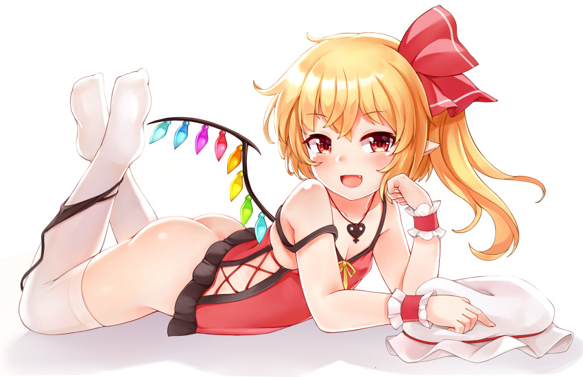1girl arm_support ass bangs bare_arms bare_shoulders black_panties blonde_hair blush bushi_(1622035441) camisole collarbone crystal eyebrows_visible_through_hair fang flandre_scarlet full_body hair_ribbon hand_up hat hat_removed headwear_removed highres jewelry long_hair looking_at_viewer lying mob_cap necklace no_pants no_shoes on_stomach one_side_up open_mouth panties panties_around_leg pointy_ears red_eyes red_ribbon ribbon simple_background smile solo spaghetti_strap strap_slip the_pose thighhighs touhou underwear white_background white_hat white_legwear wings wrist_cuffs