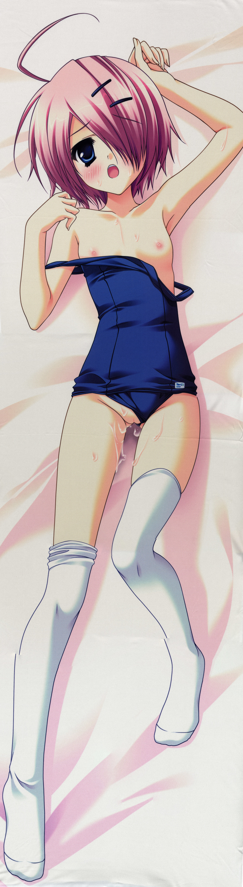:o absurdres ahoge akane-iro_ni_somaru_saka arm_up armpits bangs bare_shoulders bed_sheet blue_eyes blue_swimsuit blush breast_slip breasts dakimakura fingernails full_body hair_ornament hair_over_one_eye hairclip highres long_fingernails long_legs looking_at_viewer loose_thighhigh nipples official_art one-piece_swimsuit one_breast_out open_mouth pink_hair pussy pussy_juice raised_eyebrows ryouka_(suzuya) scan school_swimsuit shiraishi_nagomi short_hair small_breasts solo strap_slip swimsuit swimsuit_aside swimsuit_pull thighhighs uncensored undressing wet white_legwear