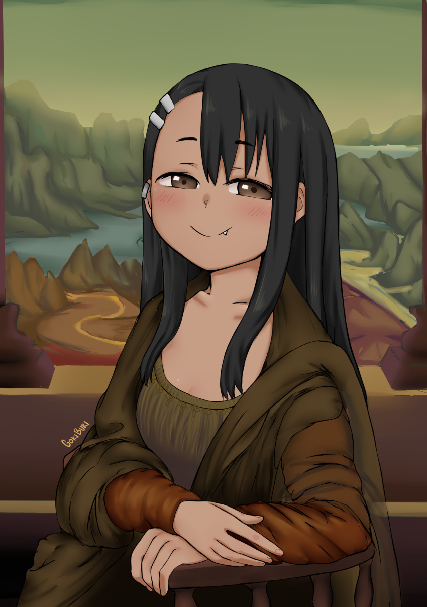 1girl asymmetrical_bangs bangs black_hair blush breasts brown_dress brown_eyes chair cleavage commentary_request dark_skin dark_skinned_female dress ear_clip fang fine_art_parody goki_buri hair_ornament hairclip highres ijiranaide_nagatoro-san landscape long_hair long_sleeves looking_at_viewer mona_lisa mountainous_horizon nagatoro_hayase parody portrait renaissance sitting small_breasts smile solo