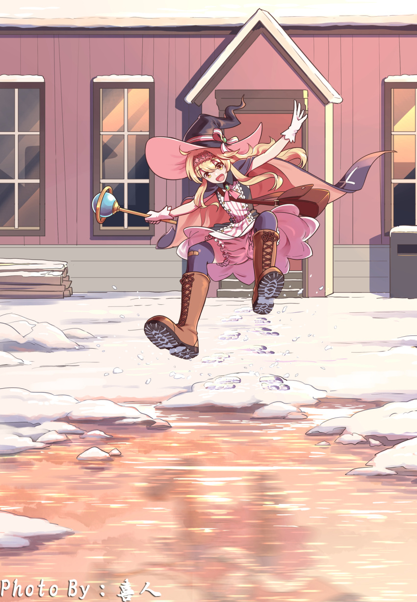 1girl :d artist_name bag bandaid black_legwear blonde_hair bloomers boots brown_bag brown_footwear cape cross-laced_footwear english_text footprints gloves hat highres holding holding_scepter house knee_boots lace-up_boots little_witch_nobeta long_hair midair nobeta open_mouth outdoors puddle sakura_ayame scepter shoe_soles shoulder_bag skirt sleeveless smile snow solo thighhighs thighhighs_under_boots underwear water white_gloves window winter witch_hat