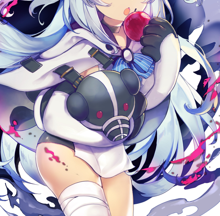 1girl apple bandaged_leg bandages bike_shorts black_shorts blue_hair choker cloak commentary_request eating elbow_gloves food fruit gloves head_out_of_frame highres hug linmiu_(smilemiku) little_witch_nobeta long_hair monica_(little_witch_nobeta) object_hug official_art open_mouth short_shorts shorts solo stuffed_animal stuffed_toy tabard teddy_bear thighs two_side_up white_cloak white_gloves white_tabard