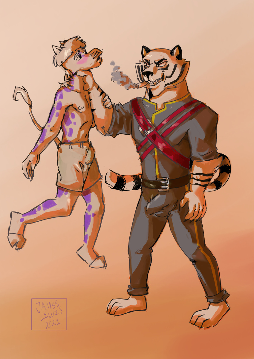 absurd_res anthro asphyxiation choking cigar clothing duo el_jefe felid giraffe giraffid hi_res jameslewis male male/male mammal pantherine sly_cooper_(series) smoking sony_corporation sony_interactive_entertainment submissive sucker_punch_productions tiger video_games