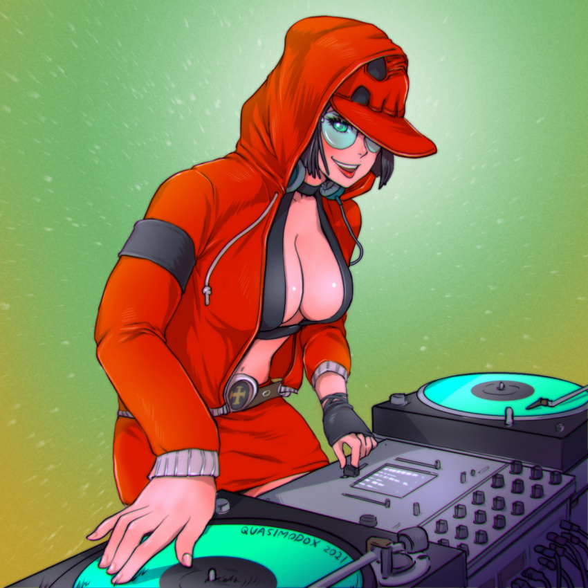 1girl adapted_costume alternate_headwear armband artist_name baseball_cap belt_buckle black_choker black_hair blue-tinted_eyewear breasts buckle center_opening choker cleavage dj drawstring english_commentary fingernails green_background green_eyes guilty_gear hat hat_over_one_eye headphones headphones_around_neck highres hood hood_up hoodie i-no large_breasts mixing_console navel open_clothes open_hoodie pencil_skirt quasimodox record red_headwear red_hoodie red_lips red_skirt rimless_eyewear short_hair skirt solo sunglasses turntable
