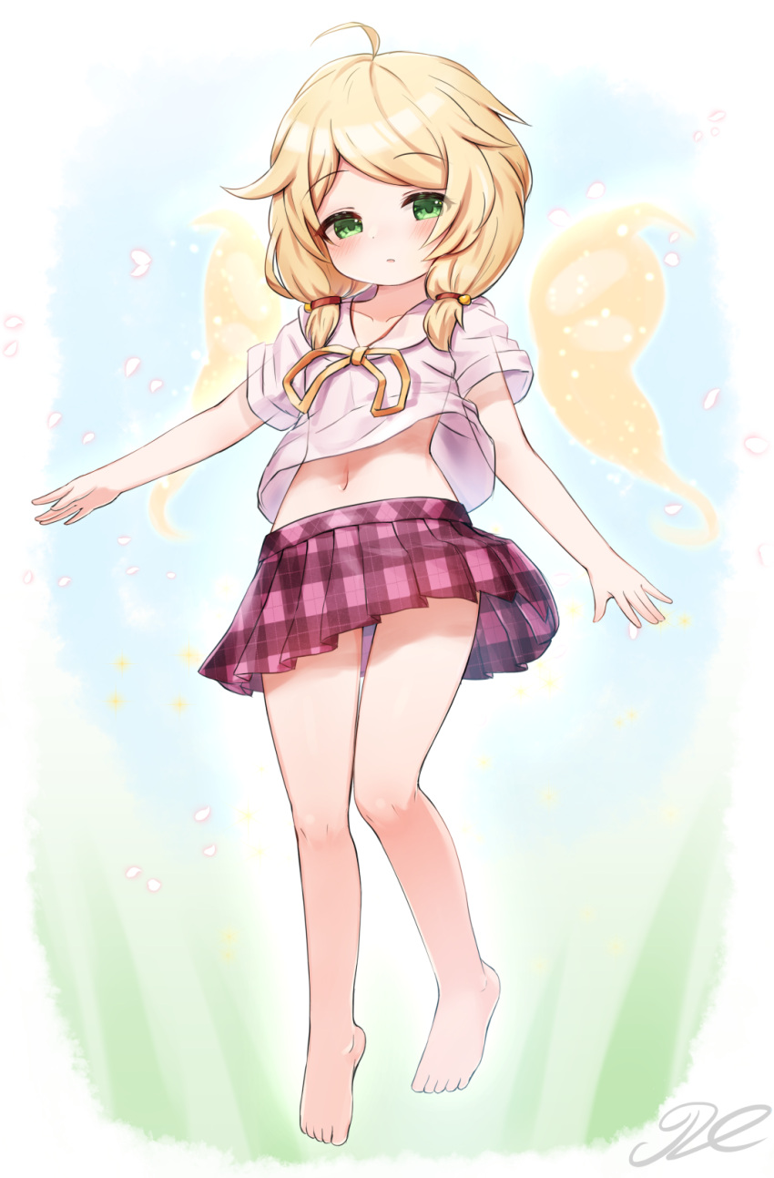 1girl ahoge barefoot blonde_hair blush crop_top feet full_body green_eyes highres idolmaster idolmaster_cinderella_girls idolmaster_cinderella_girls_starlight_stage j2l legs low_twintails midriff miniskirt navel plaid plaid_skirt red_skirt school_uniform see-through serafuku shirt short_hair short_sleeves short_twintails skirt solo thigh_gap thighs toes twintails white_shirt yusa_kozue