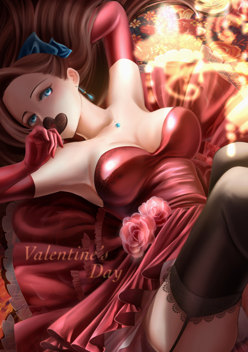 1girl absurdres arm_behind_head armpits arms_up black_legwear blue_bow blue_eyes bow breasts brown_hair candy chocolate chocolate_heart cleavage dress earrings food garter_straps gloves hair_bow heart highres jewelry katarina_claes lavenderpa long_hair looking_at_viewer lying on_back otome_game_no_hametsu_flag_shika_nai_akuyaku_reijou_ni_tensei_shite_shimatta red_dress red_gloves solo thighhighs valentine