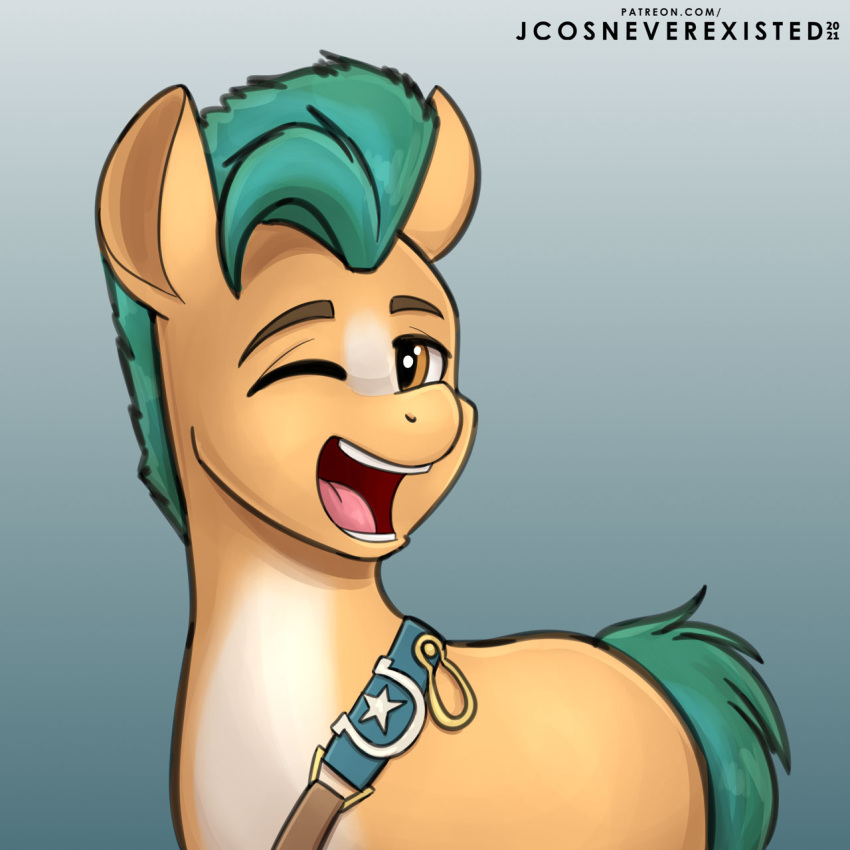 1:1 amber_eyes badge equid equine fur green_hair hair hasbro hi_res hitch_trailblazer_(mlp) horse jcosneverexisted looking_at_viewer male mammal mlp_g5 my_little_pony one_eye_closed open_mouth open_smile pony sash smile solo text url white_body white_fur wink