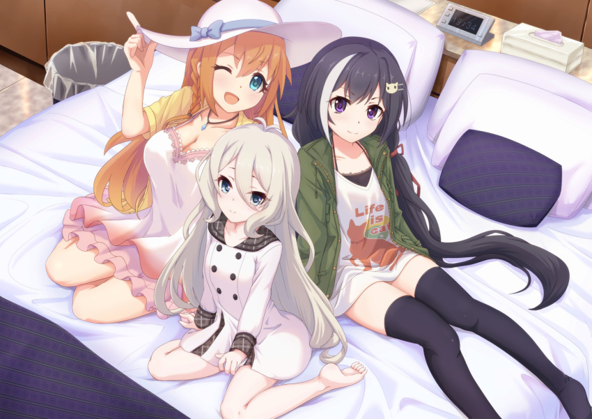 3girls bed black_hair blue_eyes braid breasts capelet cleavage coat dress hair_ornament hairclip hat jewelry karyl_(princess_connect!) karyl_(real)_(princess_connect!) keepvalley kokkoro_(real)_(princess_connect!) large_breasts long_hair looking_at_viewer low_twintails multicolored_hair multiple_girls necklace one_eye_closed open_mouth orange_hair pecorine_(real)_(princess_connect!) pillow princess_connect! princess_connect!_re:dive purple_eyes shirt silver_hair streaked_hair thighhighs twintails very_long_hair white_hair