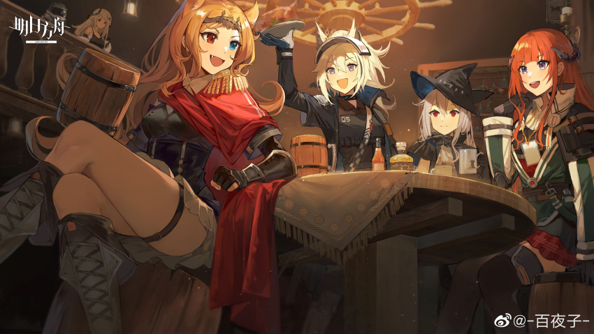 1boy 5girls :d absurdres alcohol animal_ears archetto_(arknights) arknights arm_support armor bagpipe_(arknights) barrel beer_mug big_bob_(arknights) black_dress black_gloves black_headwear black_jacket black_legwear blonde_hair breasts cape chinese_commentary commentary_request cup dragon_girl dragon_horns dress gloves grani_(arknights) green_jacket happy hat helmet heterochromia highres holding holding_cup holding_plate horns horse_ears horse_girl indoors infection_monitor_(arknights) jacket long_hair looking_at_another medium_breasts mudrock_(arknights) mug multiple_girls open_clothes open_jacket open_mouth orange_hair partially_fingerless_gloves plate pleated_skirt purple_eyes red_cape red_eyes red_skirt rhodes_island_logo silver_hair sitting skadi_(arknights) skirt smile table tavern thighhighs thighs very_long_hair weibo_username yayako_(804907150)