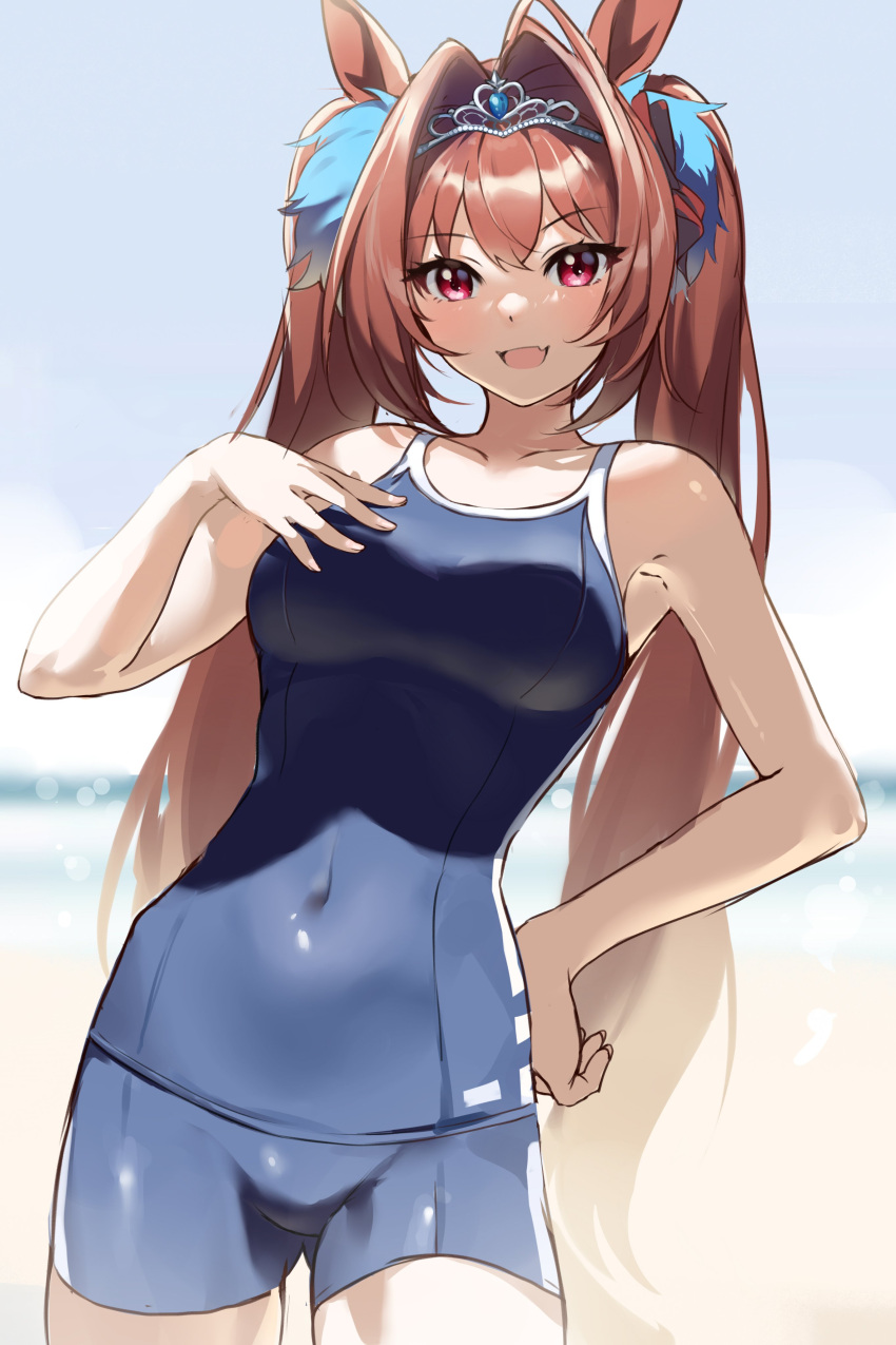 1girl absurdres animal_ears bangs bare_shoulders beach blue_sky blue_swimsuit blush breasts brown_hair collarbone covered_navel daiwa_scarlet_(umamusume) fang hair_intakes highres horse_ears horse_girl horse_tail kurokin large_breasts long_hair looking_at_viewer one-piece_swimsuit open_mouth red_eyes sky smile swimsuit tail thighs tiara twintails umamusume very_long_hair