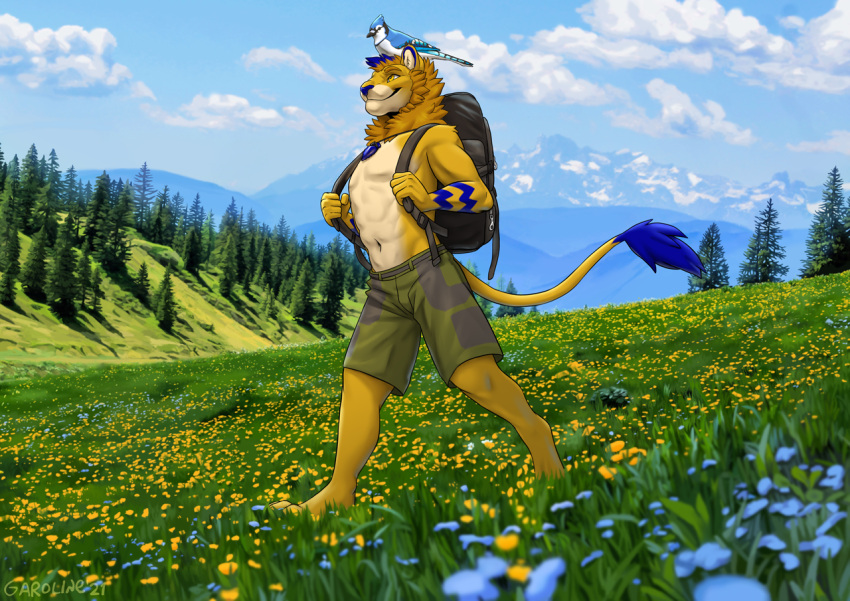 2021 5_fingers anthro avian bird blue_jay corvid day detailed_background digital_media_(artwork) duo felid feral fingers grass jay_(bird) kero_tzuki lion male mammal nature navel new_world_jay oscine outside pantherine passerine plant shaded sky smile walking