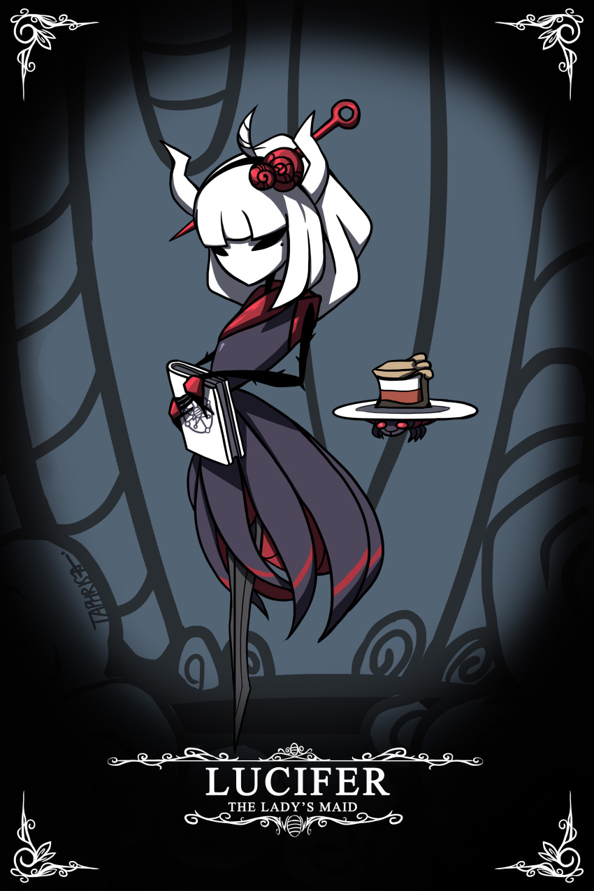 1girl absurdres arthropod_girl artist_name bangs black_dress book cake character_name cup dress english_commentary flower food fork full_body hair_flower hair_ornament helltaker highres holding hollow_knight horns long_hair lucifer_(helltaker) parody plate red_flower signature solo standing style_parody table taphris white_hair white_horns