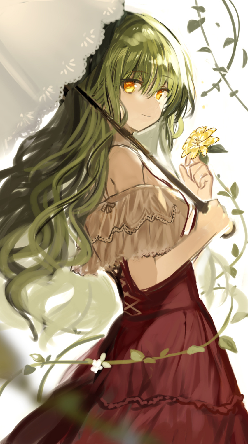 1girl adapted_costume alternate_hair_length alternate_hairstyle bare_shoulders blouse closed_mouth commentary_request flower from_side fuupu green_hair high-waist_skirt highres holding holding_flower holding_umbrella kazami_yuuka light_smile long_hair looking_at_viewer parasol plant red_skirt simple_background sketch skirt solo touhou umbrella vines white_background white_blouse yellow_eyes