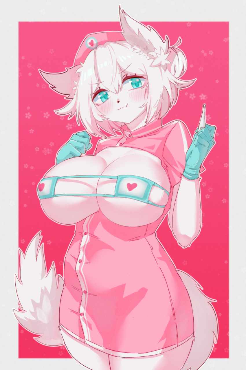 &lt;3 2021 absurd_res anthro big_breasts black_nose blush border breasts canid canine clothed clothing cute_fangs female fox fur gloves green_eyes hair handwear hat headgear headwear hi_res holding_object huge_breasts kemono looking_at_viewer mammal mask medical_instrument momomofura nurse nurse_clothing nurse_hat nurse_headwear nurse_uniform pink_background pink_clothing portrait scientific_instrument simple_background skindentation solo surgical_mask thermometer three-quarter_portrait tight_clothing uniform weather_instrument white_body white_border white_fur white_hair