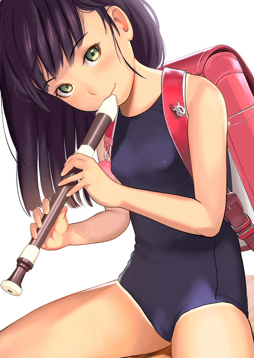 1girl backpack bag black_hair blue_swimsuit breasts commentary_request green_eyes highres holding holding_instrument instrument jishimaru leaning_forward long_hair music one-piece_swimsuit original playing_instrument randoseru recorder school_swimsuit simple_background sitting small_breasts smile solo spread_legs swimsuit thighs white_background