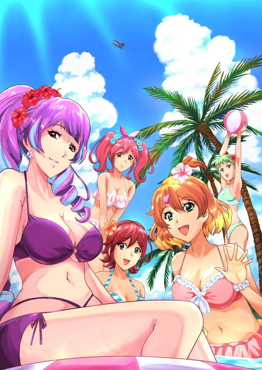 5girls ball beachball bikini bikini_skirt blue_eyes blue_hair breasts cleavage drill_hair flower freyja_wion green_bikini green_eyes green_hair hair_flower hair_ornament halter_top halterneck head_tilt heart heart_hair_ornament highres holding holding_ball kaname_buccaneer long_hair macross macross_delta macross_elysion makina_nakajima medium_breasts mikumo_guynemer minato_ichi multicolored_hair multiple_girls navel open_mouth orange_hair pink_bikini pink_flower pink_hair ponytail purple_bikini purple_eyes purple_hair red_hair reina_prowler short_hair short_sidetail smile space_craft streaked_hair striped striped_bikini summer swimsuit tied_hair twintails walkure_(macross_delta) waving