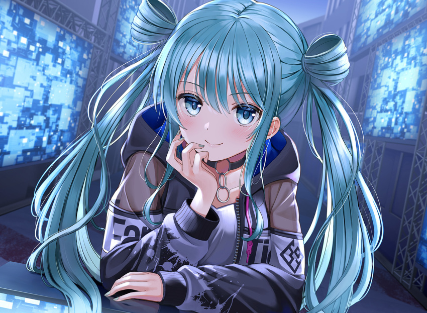 1girl aqua_hair bangs banned_artist black_jacket blue_eyes blurry blurry_background closed_mouth collarbone commentary_request depth_of_field eyebrows_visible_through_hair hair_between_eyes hair_rings hand_up hatsune_miku hood hood_down hooded_jacket indoors jacket long_hair long_sleeves looking_at_viewer nail_polish open_clothes open_jacket project_sekai shirt sleeves_past_wrists smile solo twintails very_long_hair vocaloid white_shirt yuuka_nonoko