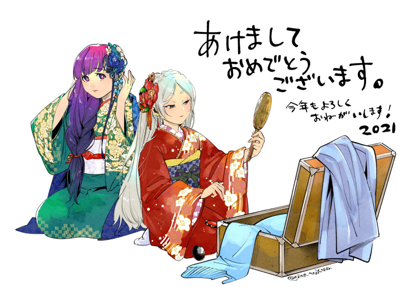 2girls abe_tsukasa braid dated fern_(sousou_no_frieren) flower flower_ornament frieren green_eyes green_kimono grey_hair hair_flower hair_ornament hand_mirror japanese_clothes kimono long_hair looking_at_mirror mirror multiple_girls obi purple_eyes purple_hair red_kimono sash seiza signature sitting sousou_no_frieren suitcase twitter_username