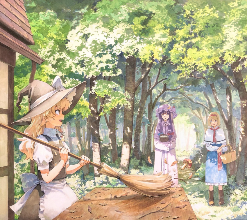 3girls alice_margatroid apron basket blonde_hair blue_dress book broom capelet commentary_request day dress forest hat highres holding holding_basket holding_book holding_broom house kirisame_marisa long_hair mob_cap multiple_girls nature outdoors patchouli_knowledge profile purple_dress purple_eyes purple_hair shiratama_(hockey) short_hair standing sweeping touhou trail tree waist_apron white_capelet witch_hat yellow_eyes