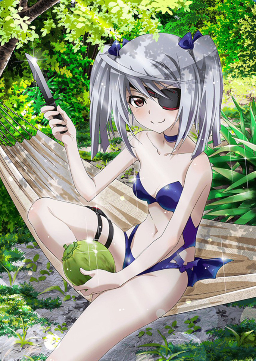 1girl absurdres artist_request blue_swimsuit breasts casual_one-piece_swimsuit coconut combat_knife cowboy_shot eyepatch hammock highres holding holding_knife infinite_stratos knife laura_bodewig long_hair looking_at_viewer nature navel official_art one-piece_swimsuit red_eyes silver_hair sitting small_breasts solo sparkle strapless strapless_swimsuit swimsuit third-party_source twintails weapon