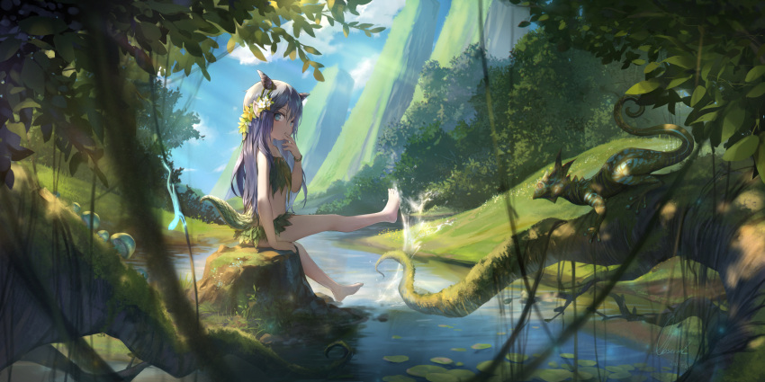 1girl bare_arms bare_legs barefoot blue_eyes blue_hair blue_sky child cloud commentary day dragon_girl flower forest hair_flower hair_ornament hand_to_own_mouth highres horns leaf_bikini lily_pad lizard long_hair looking_at_viewer mountain mushroom nature observerz original outdoors river scales sitting sky solo splashing tail tree_stump water