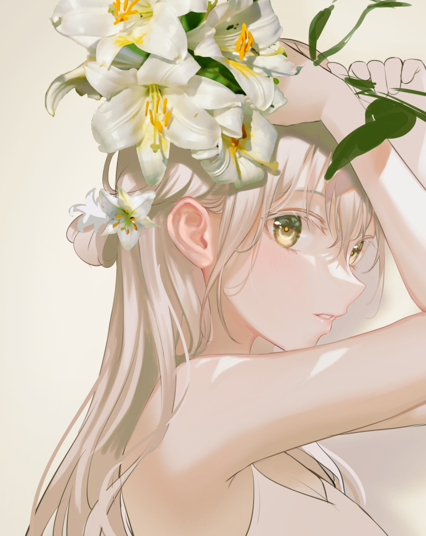 1girl arms_up bare_shoulders beige_background blonde_hair blush breasts cleavage flower hands_up highres holding holding_flower long_hair looking_at_viewer orchid original parted_lips simple_background solo tank_top tokkyu white_flower white_tank_top yellow_eyes