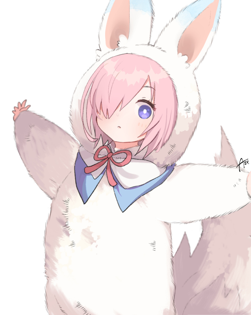 animal_costume animal_ears animal_hood azu_(kirara310) blue_eyes fake_animal_ears fate/grand_order fate_(series) fou_(fate) hair_over_one_eye highres hood hood_up mash_kyrielight neck_ribbon outstretched_arms pink_hair red_ribbon ribbon signature spread_arms