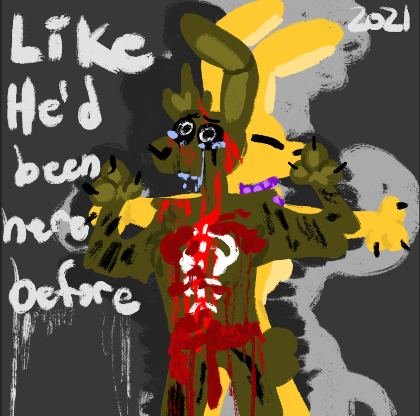 2021 animatronic anthro blood bodily_fluids bow_tie clothing dialogue digital_media_(artwork) duo english_text five_nights_at_freddy's five_nights_at_freddy's_3 fur gore hi_res lagomorph leporid machine male mammal qtippywastaken rabbit robot scott_cawthon simple_background sketch spring_bonnie_(fnaf) springtrap_(fnaf) text video_games yellow_body