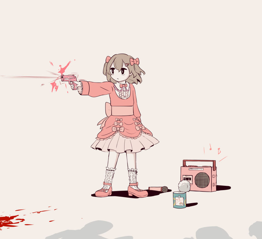 1girl 3others absurdres arm_up avogado6 bear_hair_ornament beige_background belt_bow black_eyes blood blood_splatter bow bowtie bullet_trail can closed_mouth collared_shirt commentary_request dress firing frilled_dress frilled_legwear frilled_shirt frilled_shirt_collar frills full_body gun hair_bow hair_ornament hairclip highres holding holding_gun holding_weapon kneehighs layered_dress long_sleeves microphone multiple_others musical_note no_sclera original pink_bow pink_dress pink_footwear pink_neckwear pleated_dress radio shadow shirt simple_background standing weapon