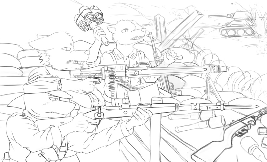 absurd_res black_and_white canid canine canis clothing explosives fish german grenade group gun hi_res kar98k krahs_tsai looking_aside looking_away male mammal marine mg42 monochrome mp_40_smg ppsh-41 ranged_weapon sandbag shark sketch soldier tank trench uniform vehicle warrior weapon wolf world_war_2