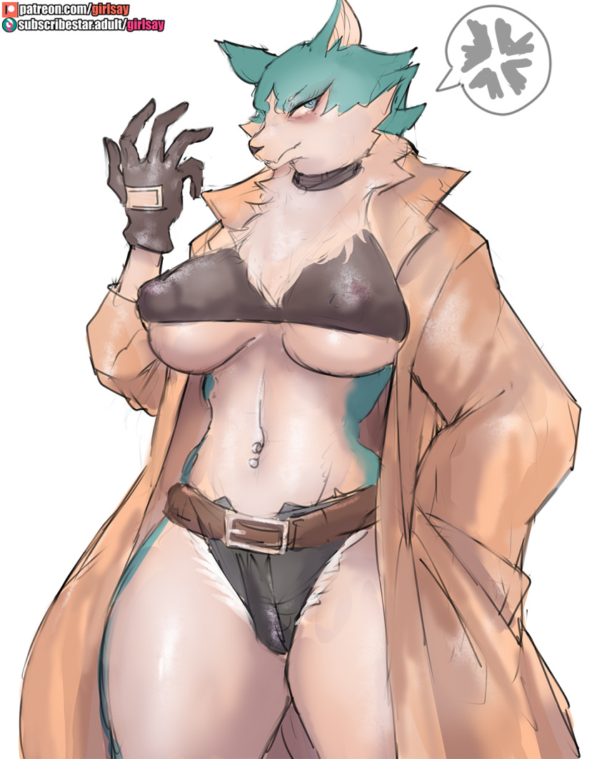 annoyed anthro big_breasts blue_body blue_eyes blue_fur blush bottomwear brand_new_animal breasts camel_toe canid canine canis chest_tuft choker clothed clothing countershade_torso countershading cross-popping_vein crossgender curvaceous curvy_figure digital_media_(artwork) female fur girlsay gloves handwear hi_res hotpants jewelry mammal midriff midriff_baring_shirt multicolored_body multicolored_fur navel necklace nipple_outline overcoat shirou_ogami shorts simple_background skimpy smile solo standing studio_trigger thick_thighs topwear tuft two_tone_body two_tone_fur under_boob voluptuous white_background white_body white_fur wide_hips wolf