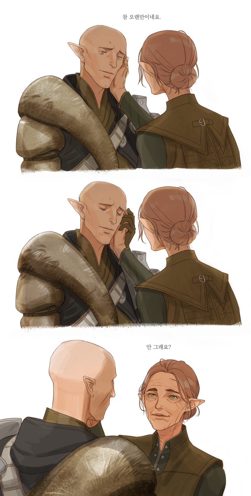 1boy 1girl bald cheetahman_(1ddghfr78cswc) couple dragon_age dragon_age:_inquisition elf gloves green_eyes grey_eyes hair_bun hand_on_another's_face hetero highres inquisitor_(dragon_age) korean_text old old_woman pointy_ears red_hair shirt smile solas wrinkles