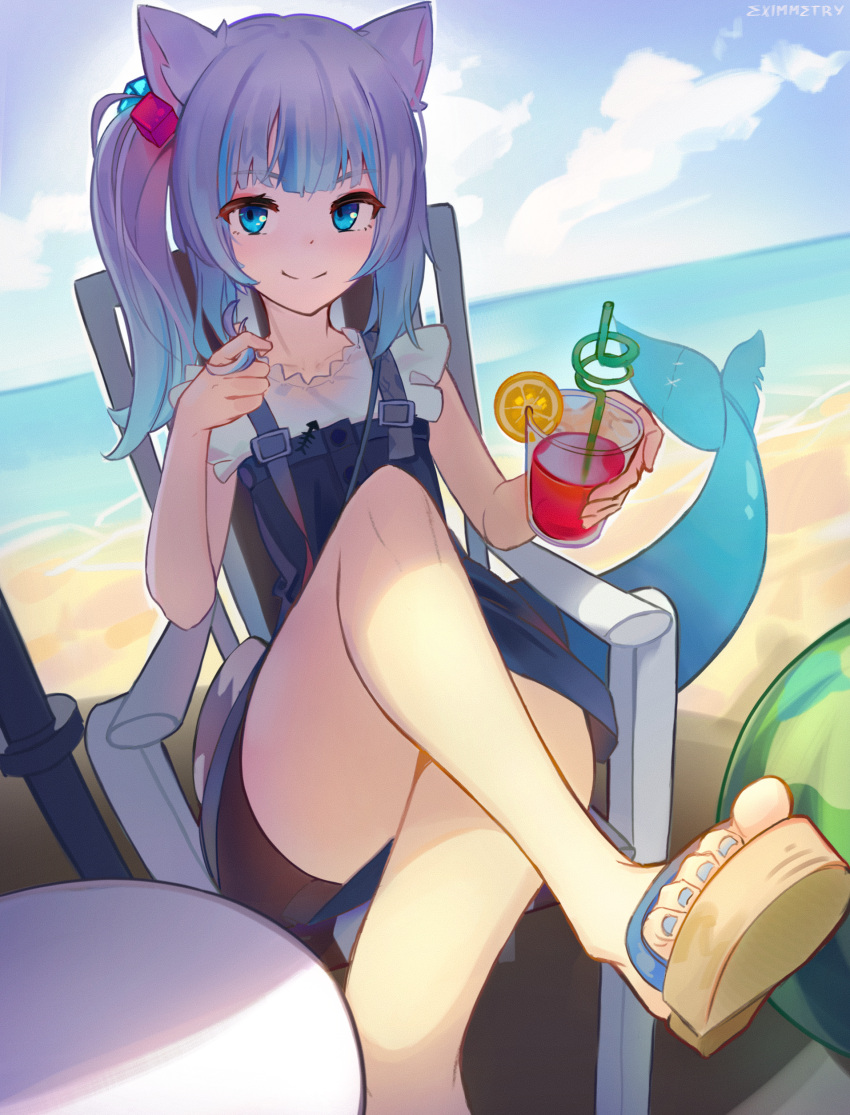 1girl absurdres animal_ears beach blue_eyes cat_ears cloud cloudy_sky cup day dutch_angle eximmetry fish_tail foreshortening gawr_gura highres holding holding_cup hololive hololive_english horizon long_hair looking_at_viewer multicolored_hair one_side_up outdoors shark_tail silver_hair sitting sky smile solo streaked_hair tail toenail_polish toes virtual_youtuber water