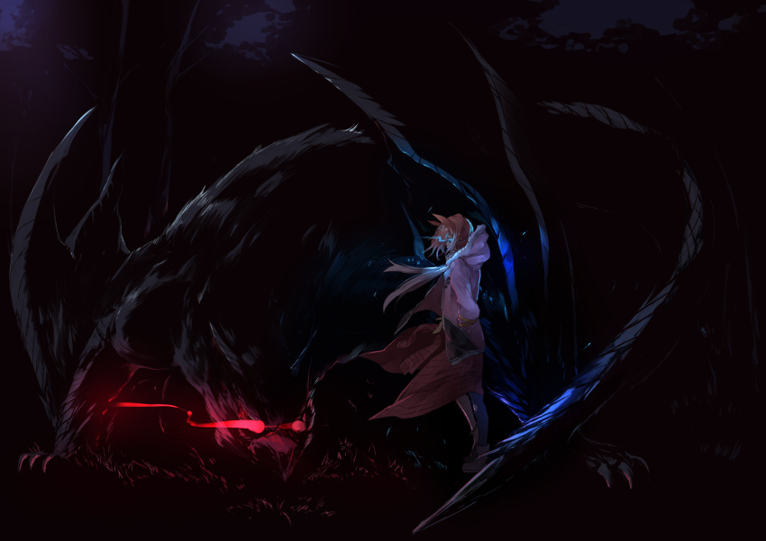 1girl animal_ears blue_eyes brown_hair crossover fur_trim glowing glowing_eyes highres hood hooded_jacket horse_ears jacket kyougoku_touya monster monster_hunter_(series) nargacuga narita_taishin_(umamusume) open_clothes open_jacket profile short_hair solo standing umamusume wind