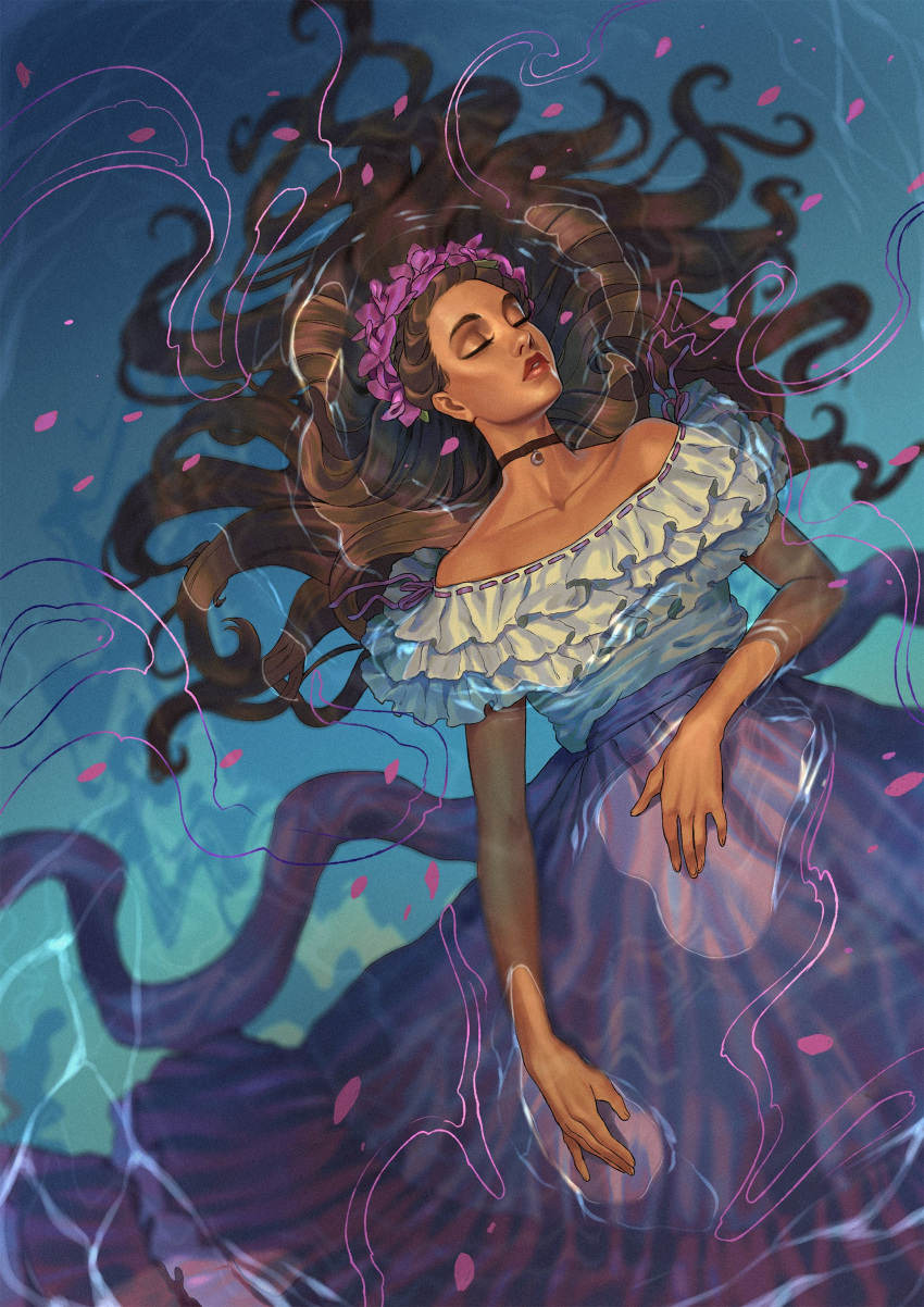 1girl absurdres bare_shoulders closed_eyes collarbone dark_skin dark_skinned_female dress floating floating_hair highres off-shoulder_dress off_shoulder original oskar_vega parted_lips partially_submerged petals ripples solo