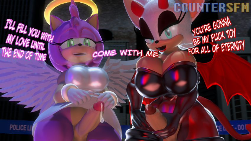 3d_(artwork) amy_rose angel anthro blue_eyes blush bottom_pov bottomwear breath chiropteran clothed clothing clothing_lift countersfm cum_leaking demon demon_wings digital_media_(artwork) duo erection eulipotyphlan feathered_wings feathers first_person_view fur genitals green_eyes gynomorph half-closed_eyes halo hand_on_hip hand_on_penis hedgehog hi_res horn intersex mammal narrowed_eyes penis pink_body pink_fur raised_bottomwear raised_clothing raised_skirt rouge_the_bat skirt skirt_lift sonic_the_hedgehog_(series) source_filmmaker spade_tail text wings