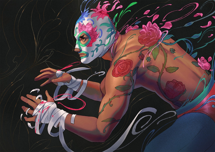 1boy bandages black_background dark_skin dark_skinned_male flower highres leaf luchador_mask male_focus original oskar_vega petals plant profile red_flower red_rose rose shirtless simple_background solo tattoo