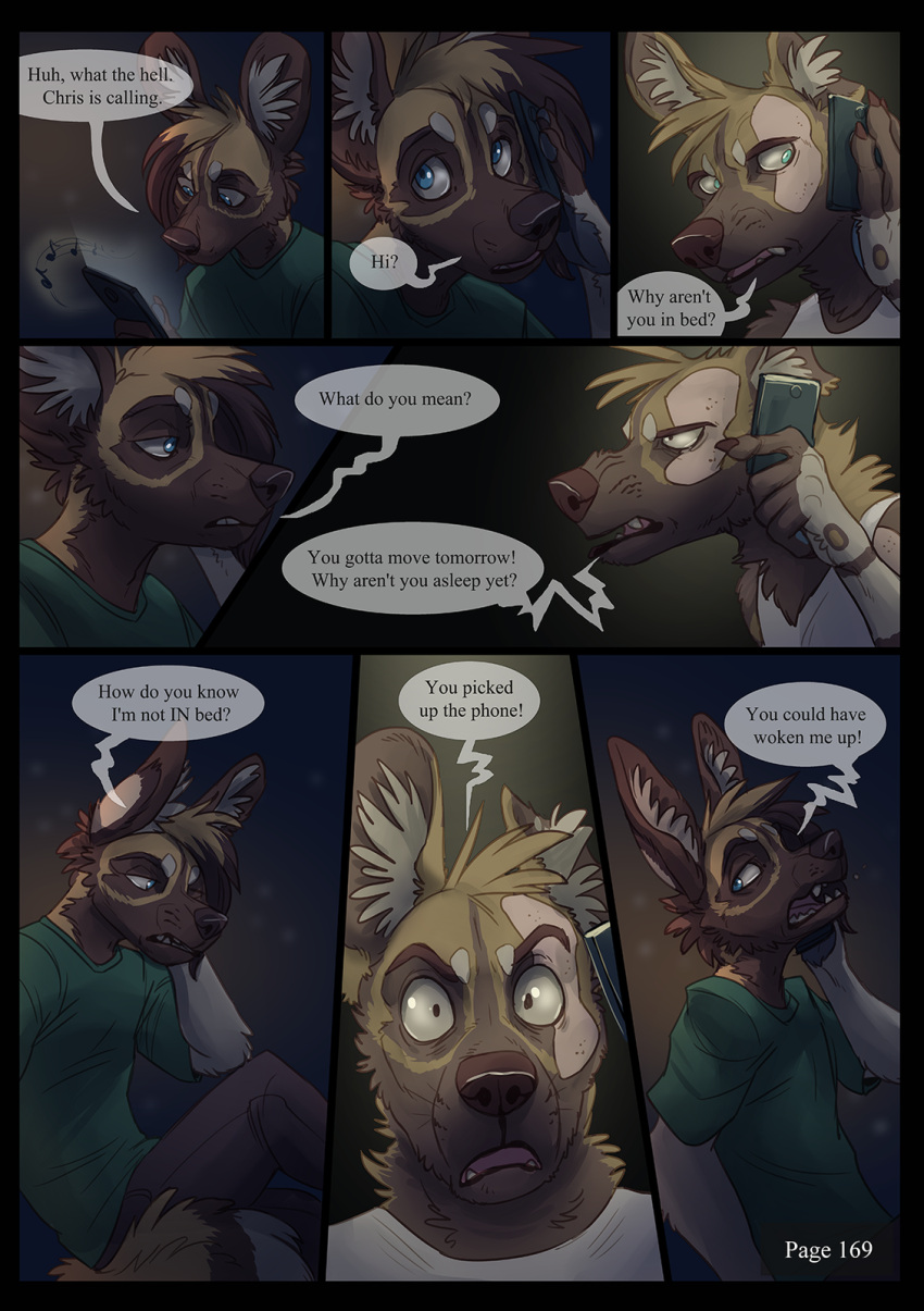 african_wild_dog anthro bald_spots blue_eyes brown_body brown_eyes brown_fur canid canine cellphone chris_(sayuncle) comic comic_page dialogue duo ear_tuft english_text fur green_t-shirt hi_res james_(sayuncle) male mammal outside phone sayuncle sitting smartphone solo speech_bubble text tuft white_body white_fur yellow_body yellow_fur