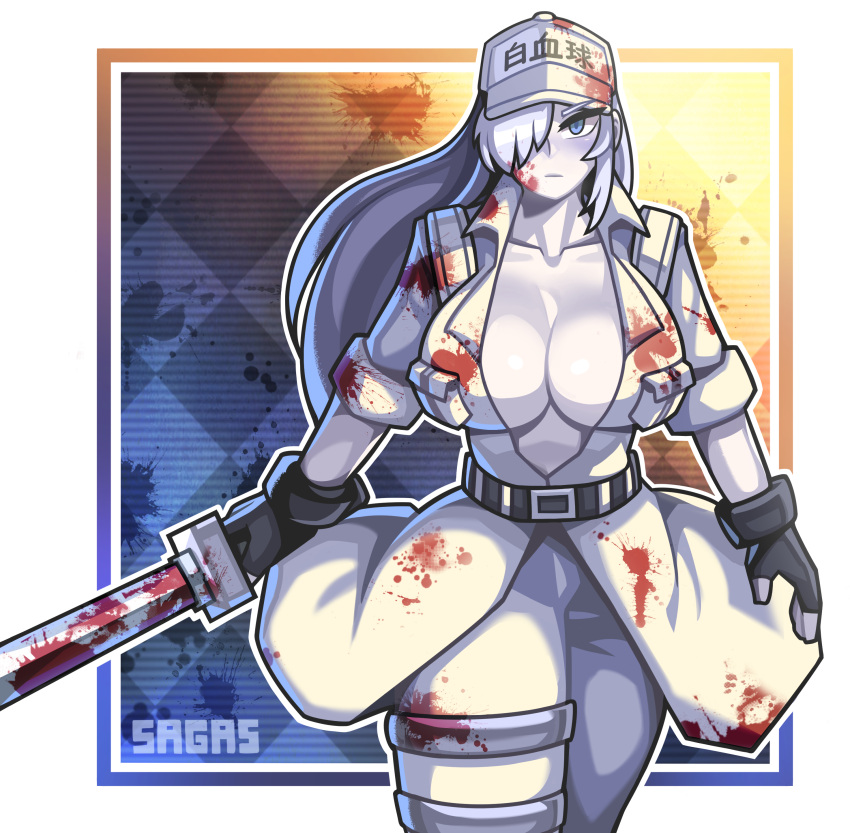 1girl absurdres artist_name belt black_gloves blood blood_on_face blood_splatter bloody_clothes blue_eyes breasts cleavage coat cowboy_shot fingerless_gloves gloves hat hataraku_saibou hataraku_saibou_black highres holding holding_sword holding_weapon large_breasts outline pale_skin pants sagas293 solo sword u-1196 weapon white_blood_cell_(hataraku_saibou) white_coat white_outline white_pants