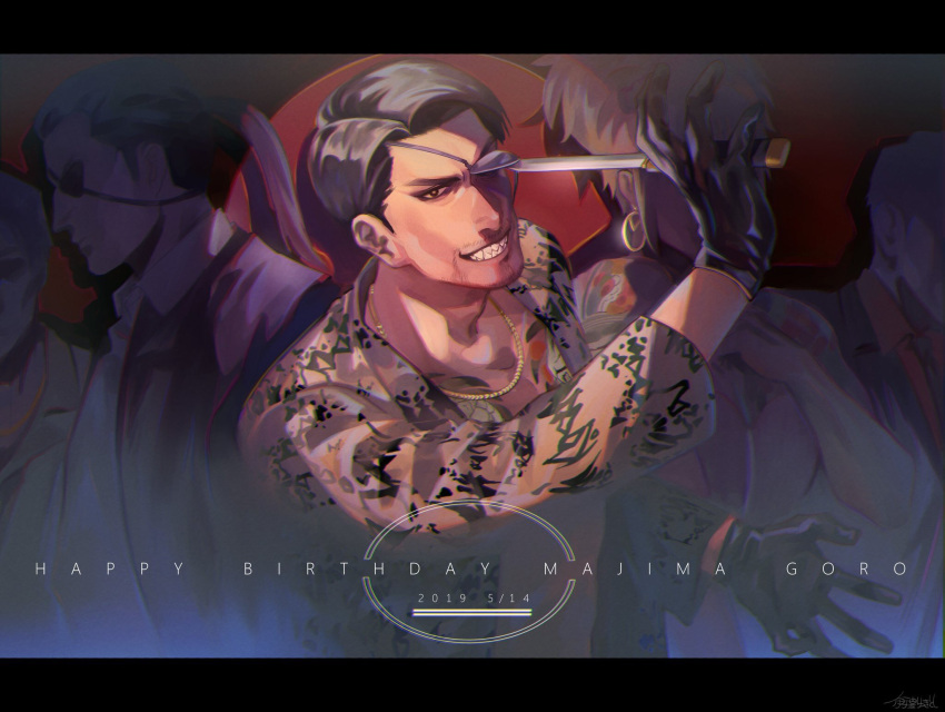 1boy 2019 animal_print birthday black_gloves black_hair black_shirt blonde_hair character_name dagger dated dress english_text evolution eyepatch formal gloves grin happy_birthday highres holding holding_dagger holding_weapon irei_yukitoshi irezumi jacket jewelry majima_gorou male_focus multiple_boys one-eyed open_clothes open_jacket pink_dress ponytail progression red_gloves ryuu_ga_gotoku ryuu_ga_gotoku_0 ryuu_ga_gotoku_4 shirt smile snake_print solo_focus spotlight tattoo timeskip upper_body weapon wig