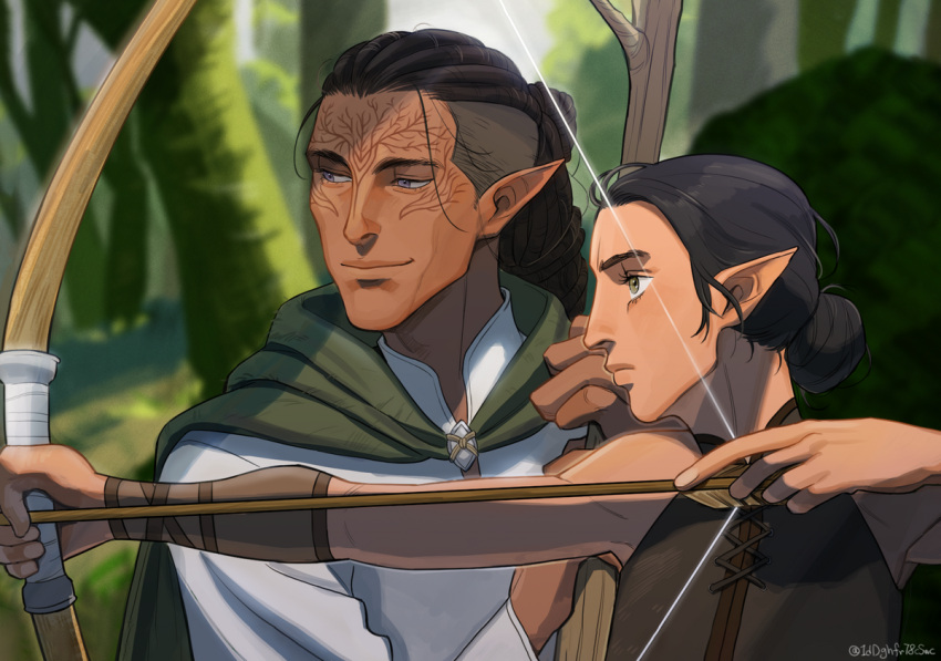 1boy 1girl black_hair blue_eyes bow_(weapon) character_request cheetahman_(1ddghfr78cswc) cloak dark_skin dark_skinned_female dark_skinned_male dragon_age elf facial_tattoo forest from_side grey_eyes hair_bun hairlocs holding holding_weapon long_hair nature outdoors pointy_ears shirt smile tattoo tree undercut weapon