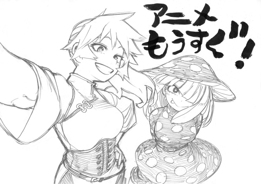 2girls absurdres arms_behind_back bangs blush boku_no_hero_academia breasts chinese_clothes closed_mouth commentary_request dress grin hair_over_one_eye hat highres horikoshi_kouhei kendou_itsuka komori_kinoko long_hair looking_at_viewer monochrome multiple_girls mushroom_hat sketch smile tongue tongue_out trading_card translation_request