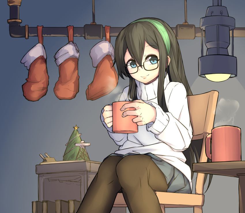 1girl absurdres ahchih black_hair black_legwear blue_eyes blue_skirt book bookshelf chair christmas christmas_ornaments christmas_tree cup eyebrows eyebrows_visible_through_hair glasses green_hairband hair_ornament hairband highres holding_hands hot_chocolate kantai_collection light_bulb long_hair looking_at_viewer ooyodo_(kancolle) pantyhose pipes ribbed_sweater shirt skirt smile socks solo sweater turret vapors white_shirt white_sweater