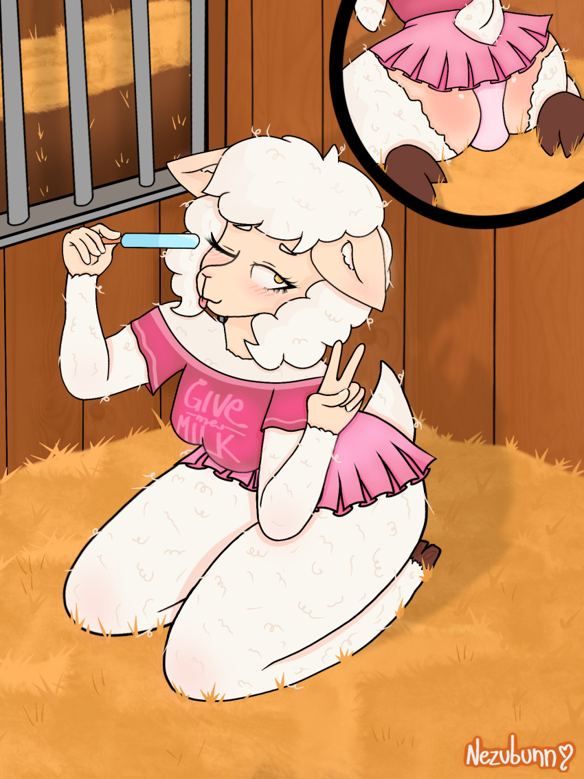 anthro barn bottomwear bovid bulge caprine clothing dessert female food fur hi_res hooves ice_cream inner_ear_fluff mammal nezubunn one_eye_closed peace_symbol sheep shirt skirt solo stable tongue tongue_out topwear tuft underwear white_body white_fur white_wool wool_(fur) yellow_eyes