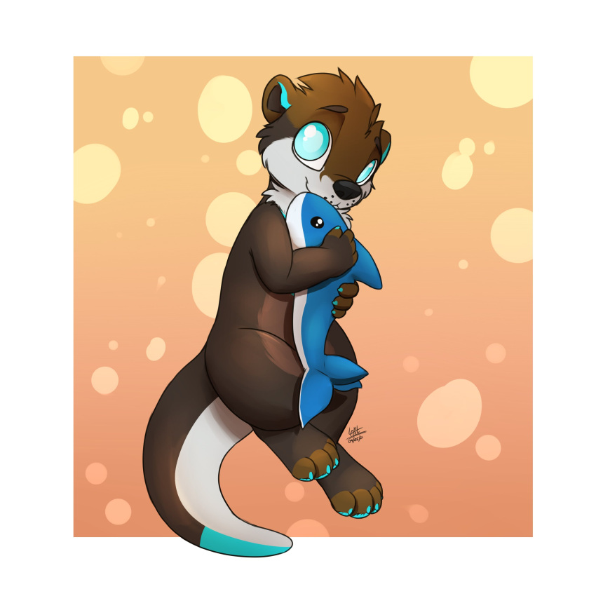 2021 absurd_res anthro black_nose blue_eyes border brown_body brown_fur fur gradient_background hi_res holding_object louart lutrine mammal mustelid plushie simple_background smile solo white_border